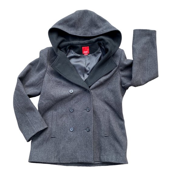 Esprit Wool Hooded Pea Coat Gray Outerwear Nautical Neutral Classic Preppy-L - Picture 3 of 14